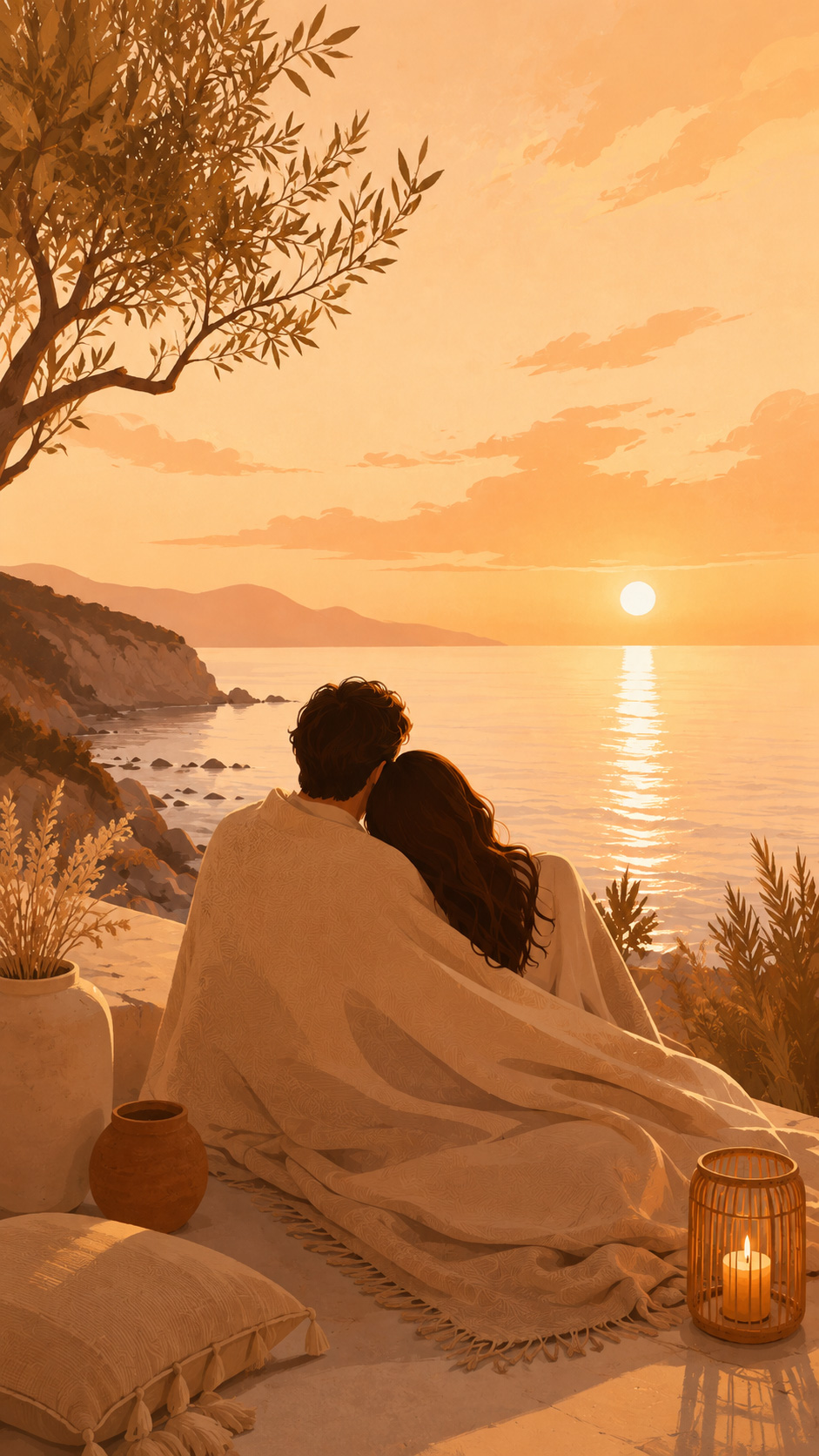 Couple watching the sunset together under a blanket — Between Us couples app artwork