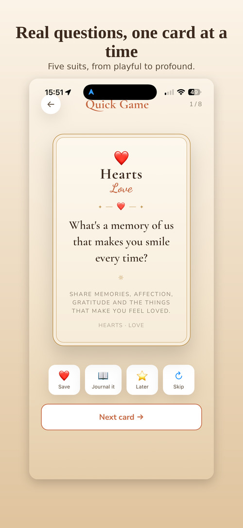 Hearts conversation card — conversation starters for couples