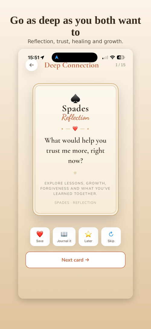 Spades reflection card — deep questions to ask your partner