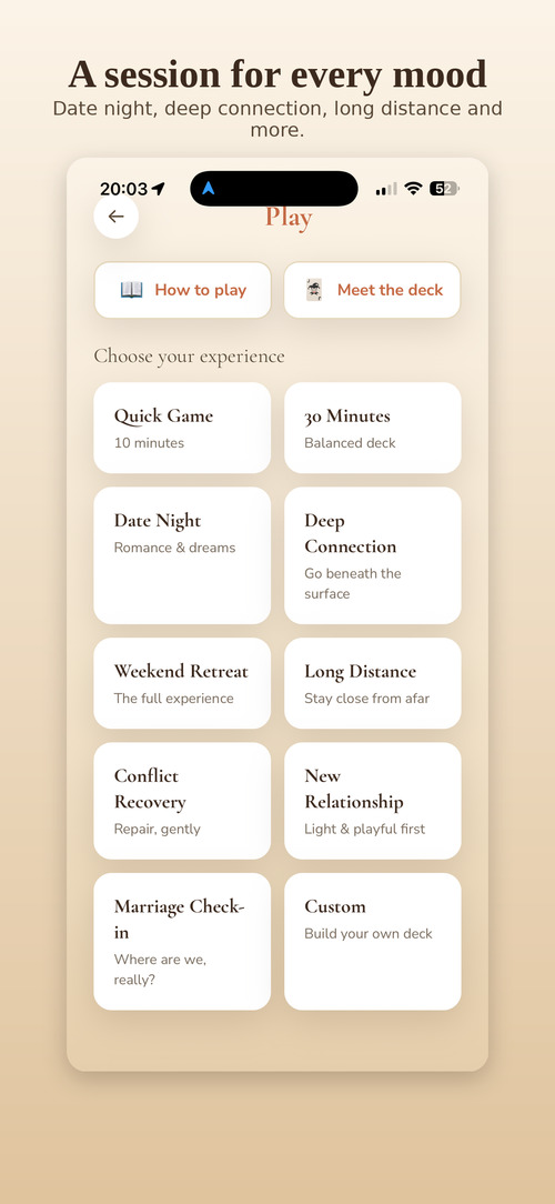 Game modes — date night and deep connection sessions